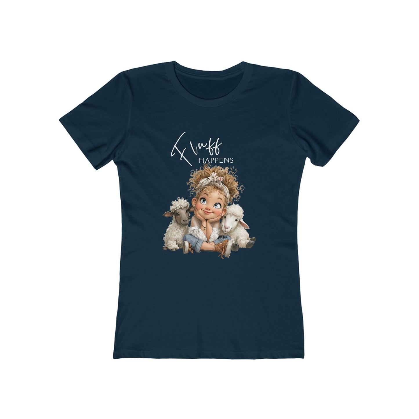 Women’s Graphic Tee “Fluff Happens” Cute Girl with Sheep