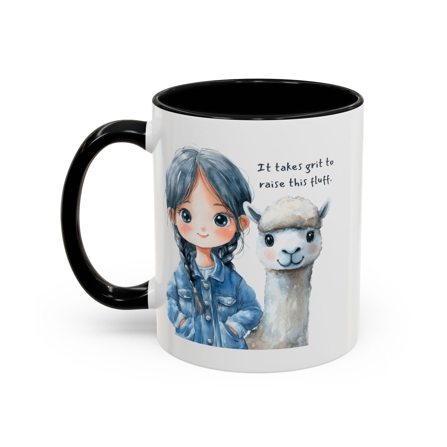 "It takes grit to raise this fluff" Cute Girl & Alpaca Coffee Mug — Ceramic Mug