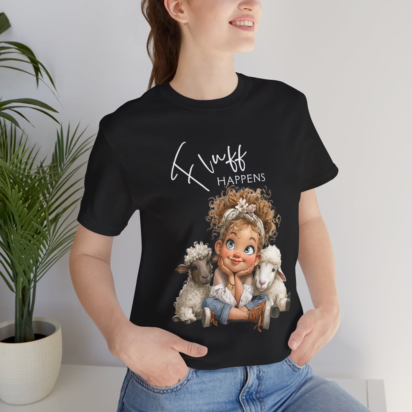 Sheep T-shirt - "Fluff Happens" Cute Girl with Lambs Graphic T-Shirt