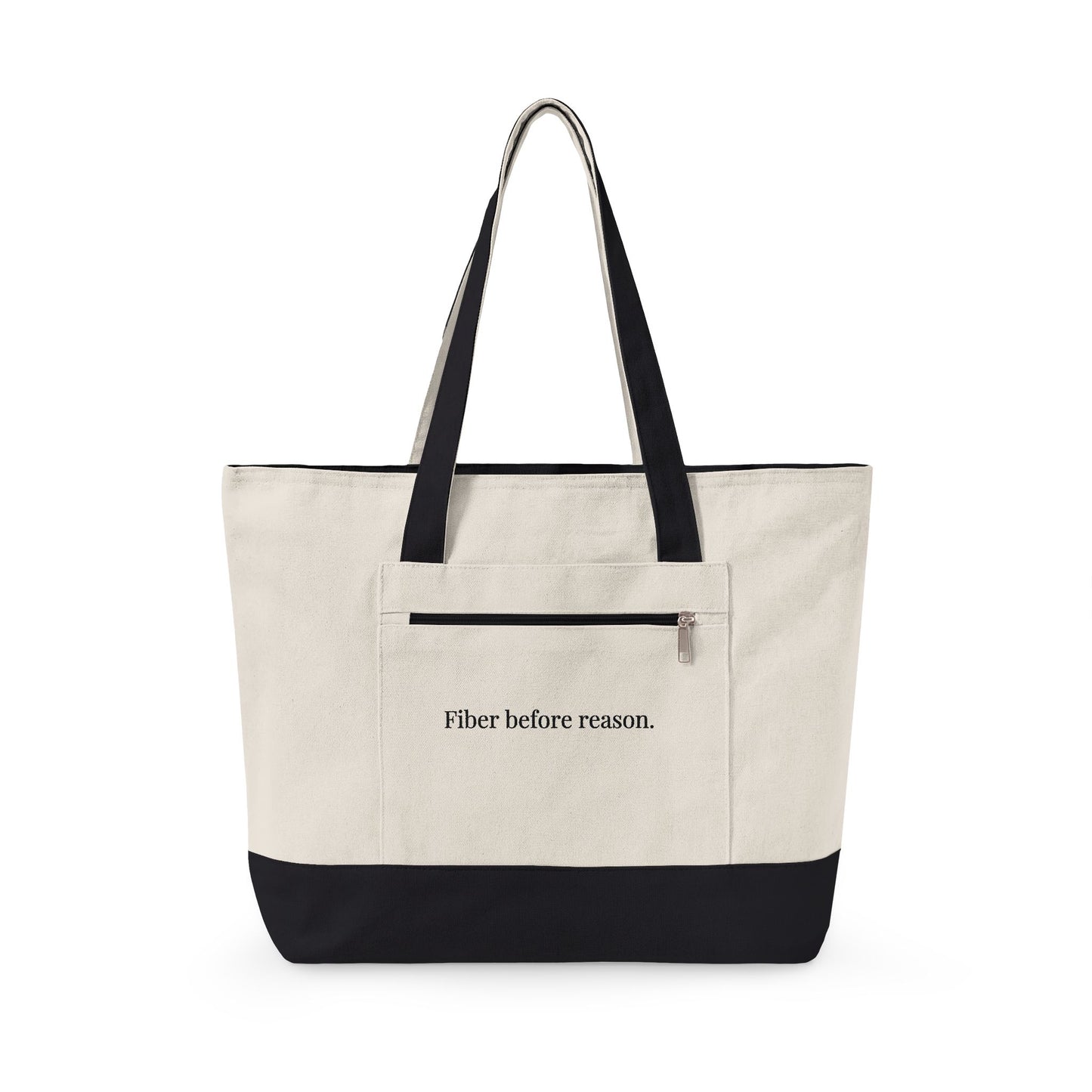 Zippered Market Tote "Fiber Before Reason." Embroidered Canvas