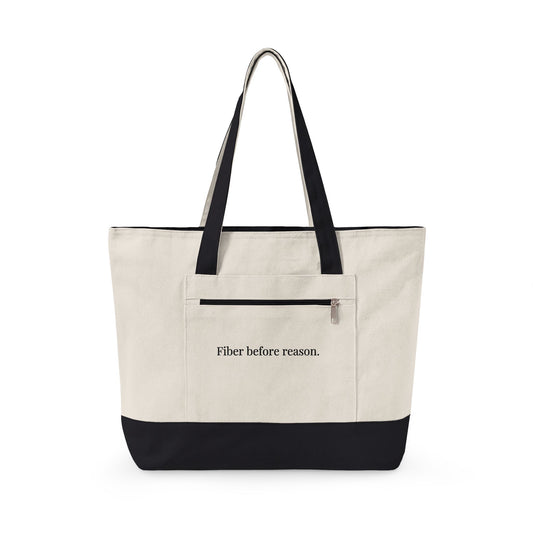 Zippered Market Tote "Fiber Before Reason." Embroidered Canvas
