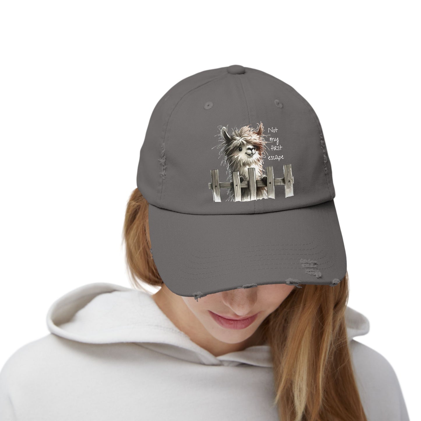 Alpaca Cap — "Not My First Escape" Distressed Casual Hat