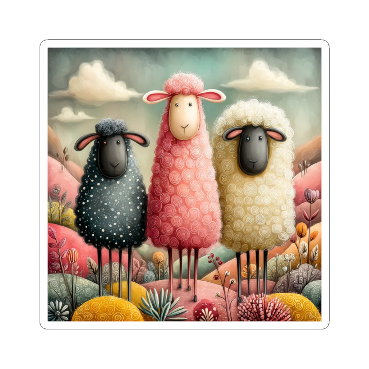 Whimsical Trio Sheep Sticker — Cute Pastel Kiss-Cut Sticker for Laptops & Journals
