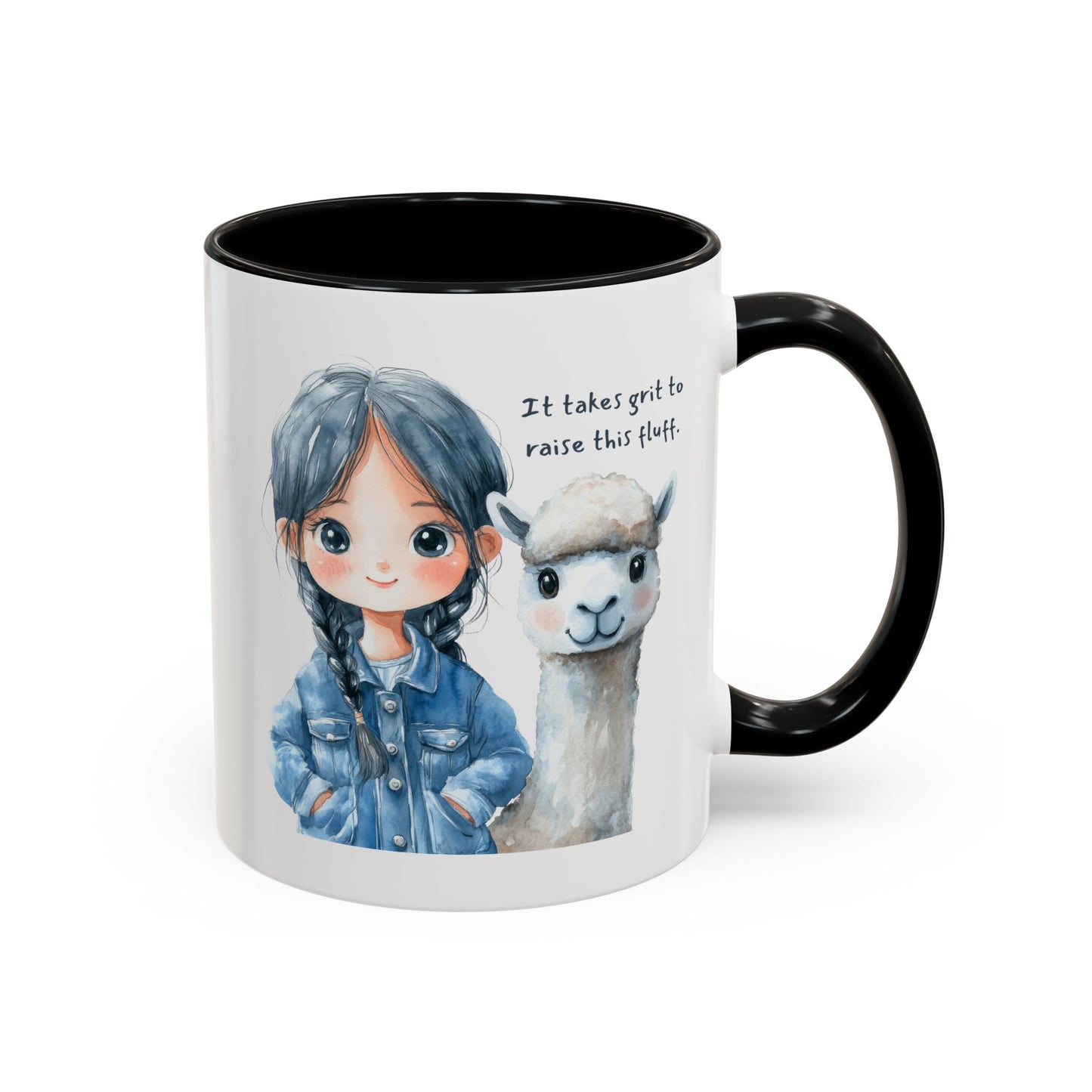 "It takes grit to raise this fluff" Cute Girl & Alpaca Coffee Mug —  Ceramic Mug