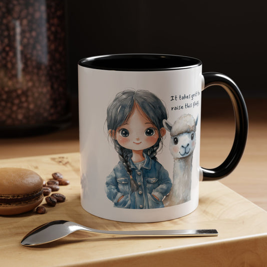 "It takes grit to raise this fluff" Cute Girl & Alpaca Coffee Mug —  Ceramic Mug