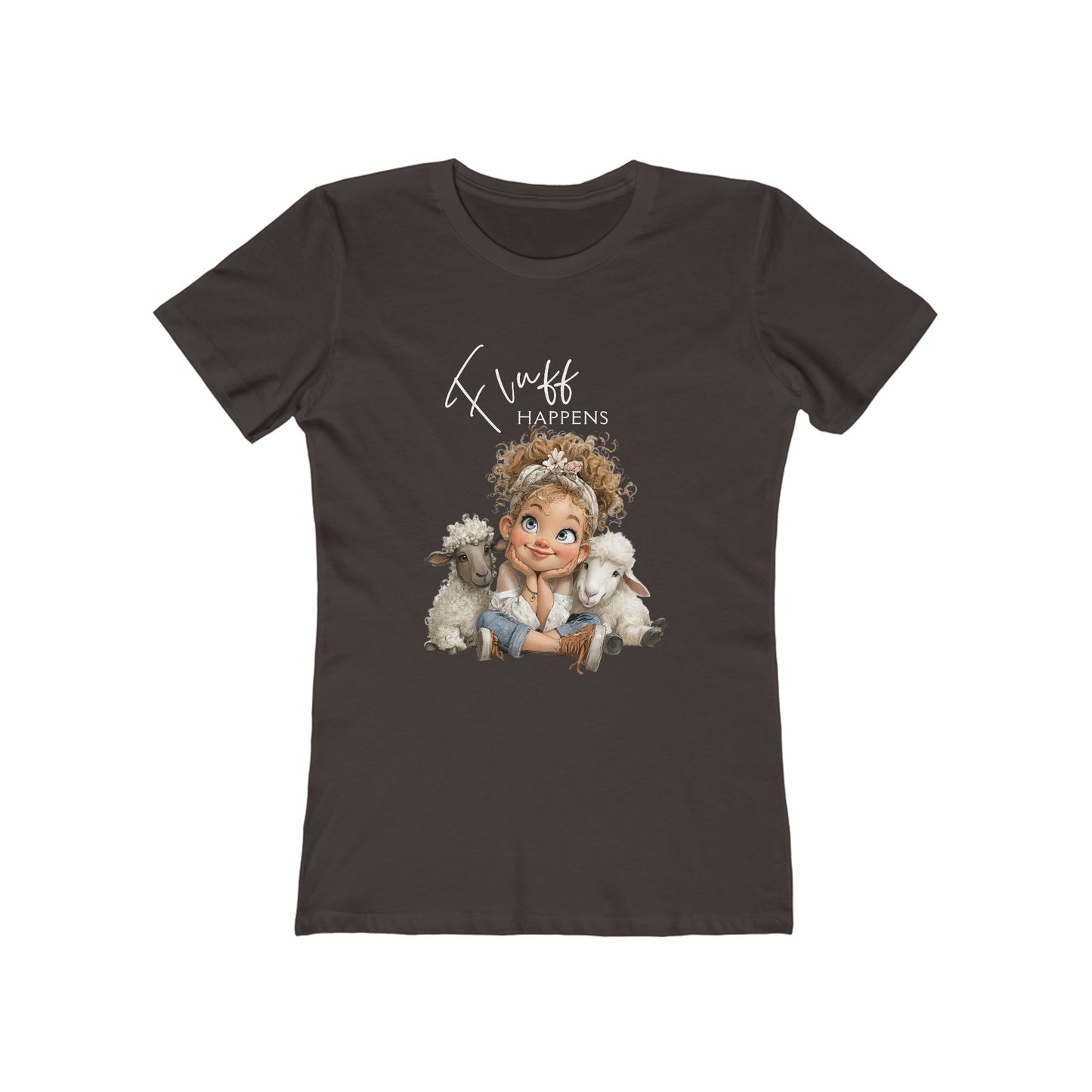 Women’s Graphic Tee “Fluff Happens” Cute Girl with Sheep