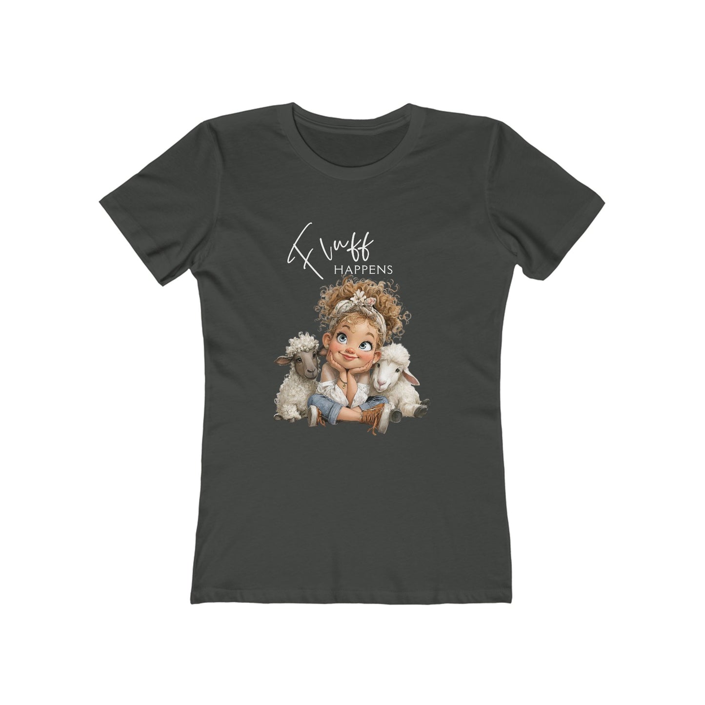 Women’s Graphic Tee “Fluff Happens” Cute Girl with Sheep