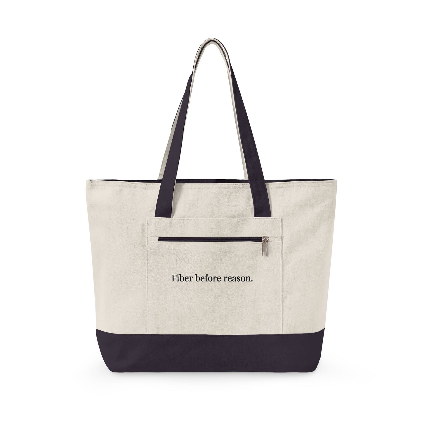 Zippered Market Tote "Fiber Before Reason." Embroidered Canvas